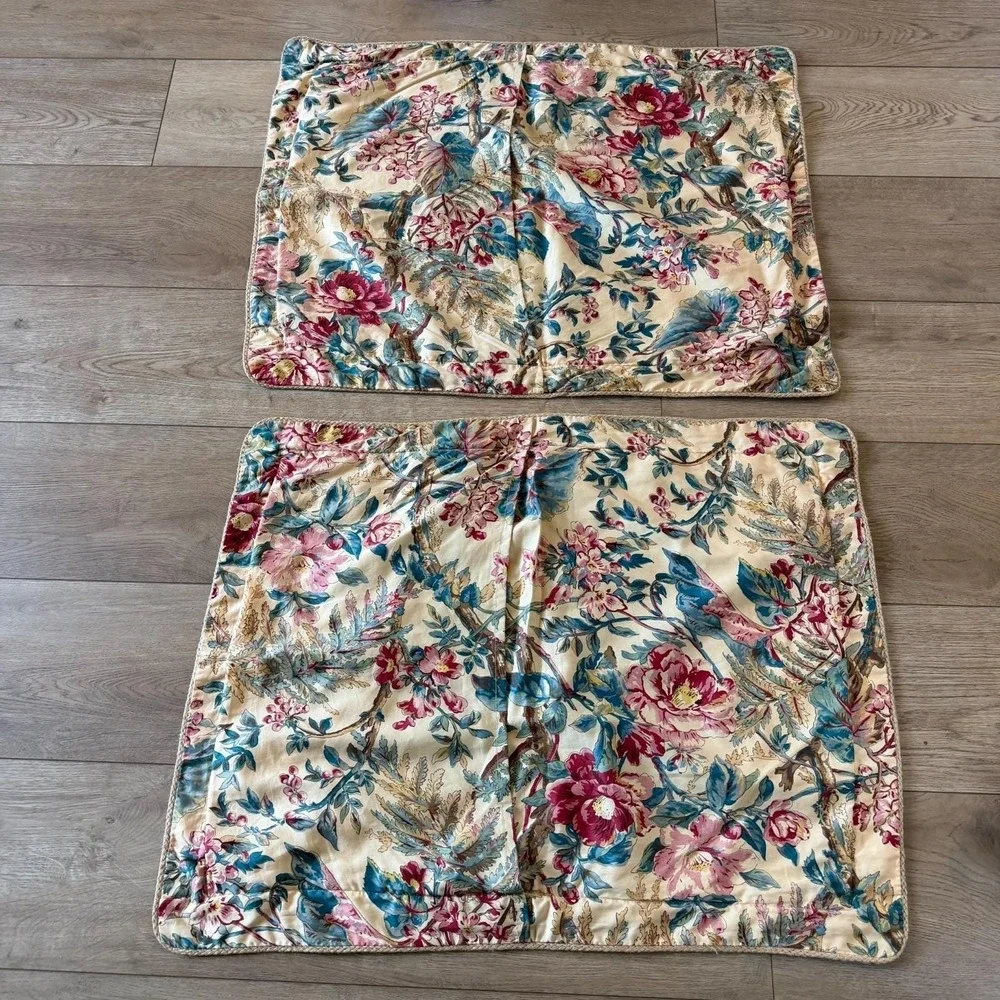Vtg Ralph Lauren Home King Floral Cotton Pillow Sham Pair Jute Tangier Old Money